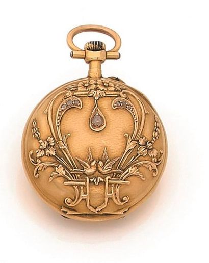 null Montre de poche en or 18K (750 ‰), le fond ciselé de feuillages agrémentés de...