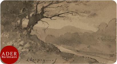 null Henri-Joseph HARPIGNIES (1819-1916)
Paysage à l’arbre, vers 1905
Encre et lavis...