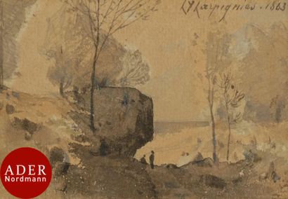 null Henri-Joseph HARPIGNIES (1819-1916)
Paysage à la falaise
Lavis d’encre.
Signé...