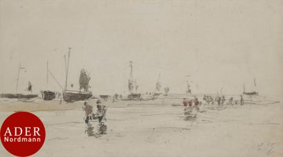 null Eugène BOUDIN (1824-1898)
Vue de la plage de Berck
Aquarelle et crayon.
Porte...