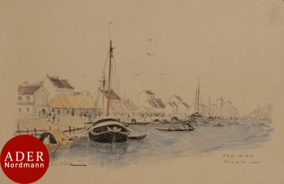 null Gaston ROULLET (1847-1925)
Port de Nam-Dinh, Tonkin, 1885
Encre et aquarelle.
Signée,...