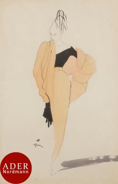 null René GRUAU (1909-2004)
Femme en complet orange
Encre et aquarelle.
Signée en...