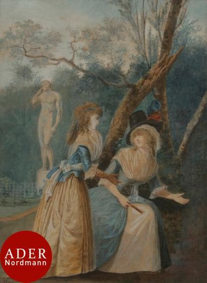 null ÉCOLE FRANÇAISE vers 1800
Deux dames conversant dans un parc
Aquarelle gouachée.
(Bande...