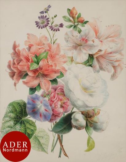 null ÉCOLE ALLEMANDE du XIXe siècle
Jeté de fleurs
Aquarelle.
Signature indistincte...