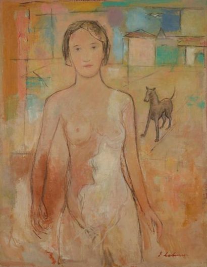 null Émile LAHNER (1893-1980)
Jeune femme nue et chien, vers 1930
Huile sur toile.
Signée...