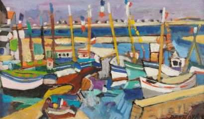 null François DESNOYER (1894-1972)
Moguirec, le port, 1959
Huile sur panneau.
Signée...