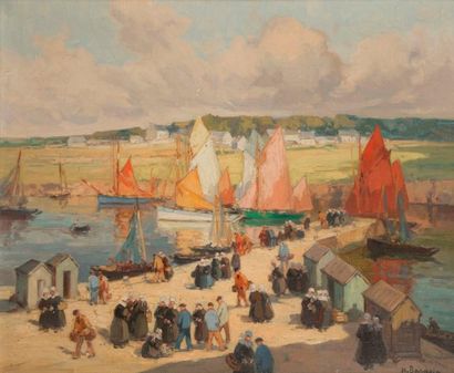 null Henri BARNOIN (1882-1935)
Concarneau, le port animé
Huile sur toile.
Signée...