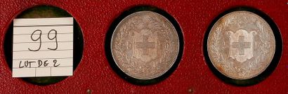 null SUISSE.
LOT de 2 pièces de 5 francs : 1891, 1892. B/TB et TB