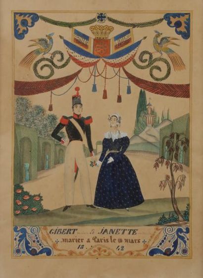 null Gouache encadrée sur papier célébrant le mariage de « Gilbert Serviere et Janette...