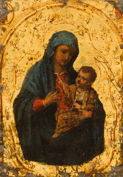 null Petite huile sur cuivre représentant la Vierge à l’Enfant en buste sur fond...