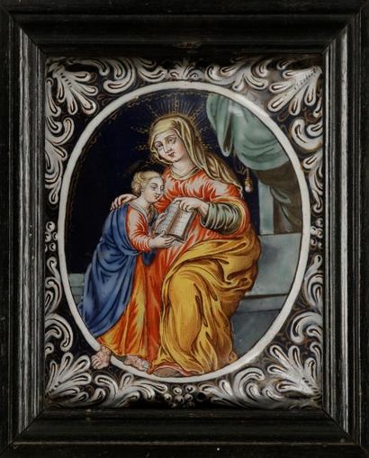 null Plaque en émail peint polychrome avec rehauts d’or représentant sainte Anne...
