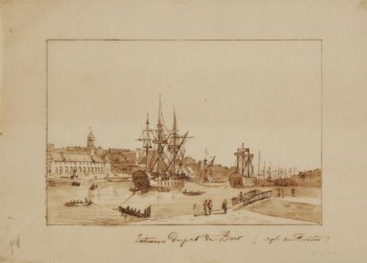  Attribué à NICOLLE Intérieur du port de Brest Plume, lavis et encre brune 15,2 x 22,1 cm...