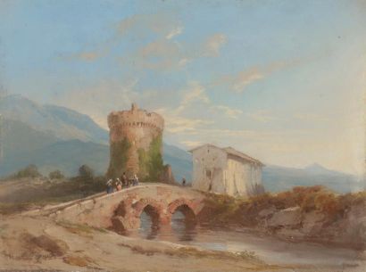 null Jules COIGNET (1798-1860)
Paysage animé au pont
Gouache et pastel.
Signé en...