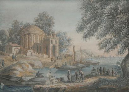 null École française vers 1800
Temple au bord de rivière et paysage d’Italie
Gouaches.
(Petites...