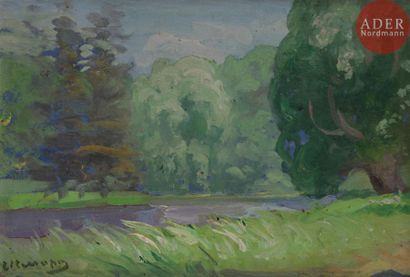 null Paul CHMAROFF 
(Pavel Dmitrievitch CHMAROV) (1874 - 1950)
Forêt en bord de rivière
Huile...