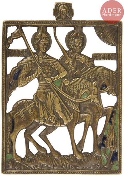 null Icône de saint Gleb et saint Boris. Seconde moitié du XIXe siècle.
Bronze repercé,...