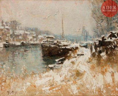  Pierre-Eugène MONTEZIN (1874-1946) Péniches sous la neige Huile sur toile. Signée...
