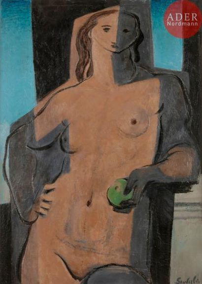 null Jean SOUVERBIE (1891-1981)
Femme à la pomme, 1971
Huile sur toile.
Signée en...