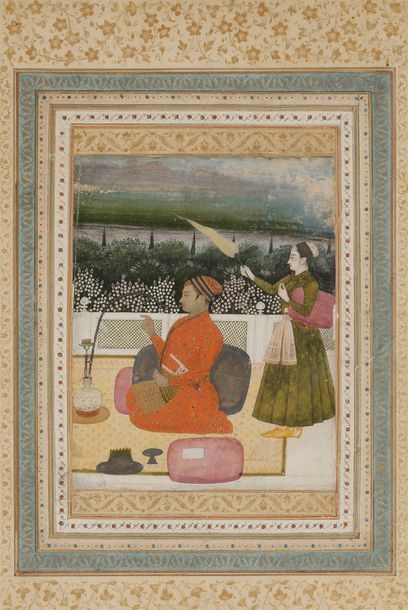 null Prince moghol fumant le narghilé sur une terrasse, Inde du Nord, fin XVIIIe...