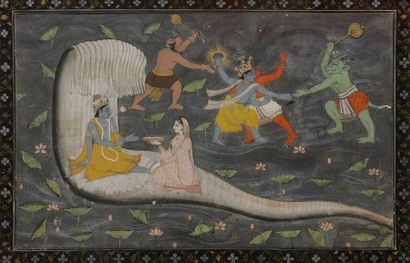 null Vishnu allongé sur le serpent d’éternité Shesha, Inde du Nord, Haut Penjab,...
