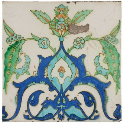 null Deux carreaux de revêtement en céramique, Iran, XIXe siècle, et France, T. DECK,...