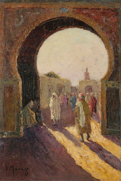  Vincent MANAGO (1880-1936) Rue animée en Orient 2 huiles sur carton. Signées. 55 x 38 cm...