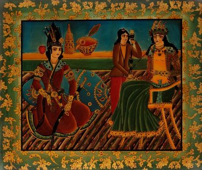  Scène de cour, fixé sous verre, Iran Qajar, déb. XXe siècle Un prince, richement...