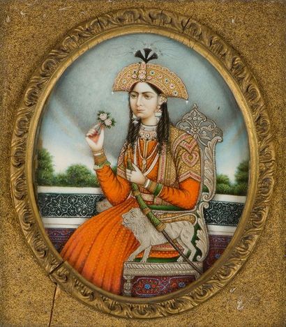 null Princesse indienne fumant le narghilé, Inde duNord, XIXe siècle
Miniature ovale...