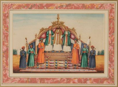 null Procession religieuse et trois dignitaires sur une tribune, Inde du Sud, fin...