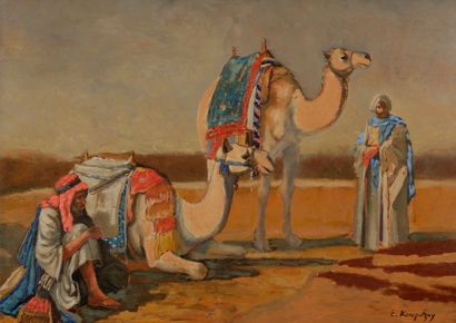  Eugène KONOPATZKY (1887 - 1962) Bédouins et leurs chameaux Huile sur carton toilé....