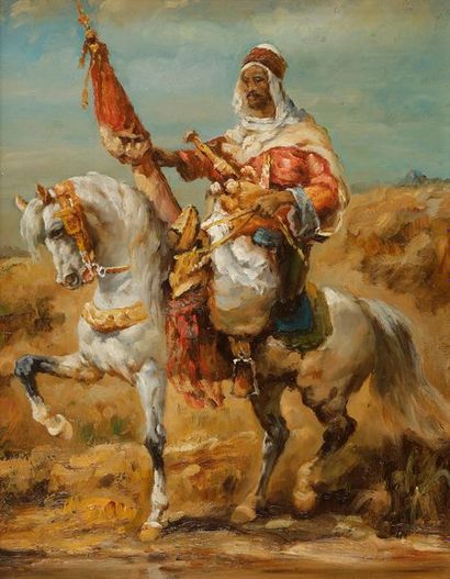  ÉCOLE ORIENTALISTE du XXe siècle Cavalier arabe Huile sur panneau. 25 x 20 cm
