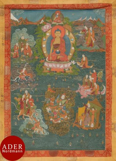 null TIBET - XIXe siècle
Tangka, détrempe sur toile. Bouddha sakyamuni, assis en...