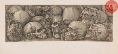  Battista Franco (c. 1510-1561) Différentes têtes de mort sur une planche de la forme...