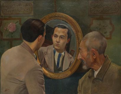  Hossein ARJANGI [iranien] (1881-1963) Portrait du fils de l’artiste et de son jardinier,...