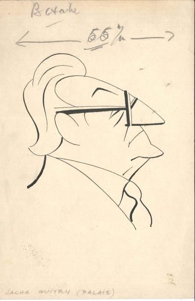 null André LEBON Sacha Guitry, [vers 1950] Encre de Chine 24,5 x 16 cm avec notes...