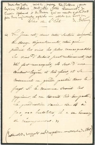 null Louis PASTEUR PAS en tête d’une note manuscrite, Vins de l’Est, [1867] ; 1 page...