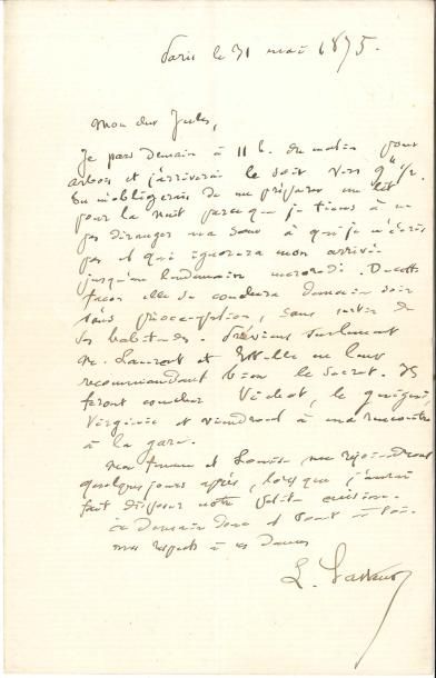 null Louis PASTEUR LAS, Paris 31 mai 1875, à Jules Vercel ; 1 page in-8
 Il arrivera...