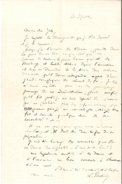 null Louis PASTEUR LAS, 3 juillet [1877], à Jules Vercelà Arbois ; 1 page in-8, enveloppe
...