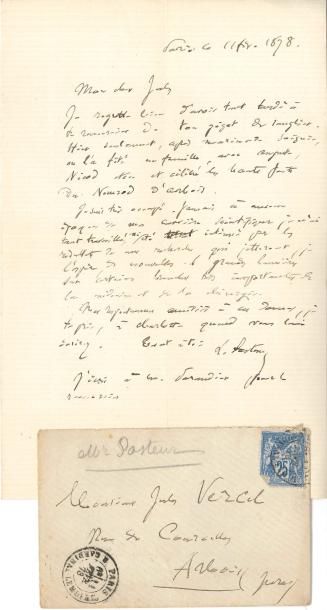 null Louis PASTEUR LAS, Paris 11 février 1878, à Jules Vercel à Arbois ; 1 page in-8,...