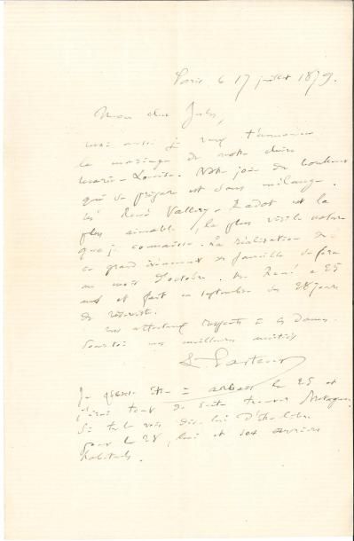null Louis PASTEUR LAS, Paris 17 juillet 1879, à Jules Vercel à Arbois ; 1 page in-8,...