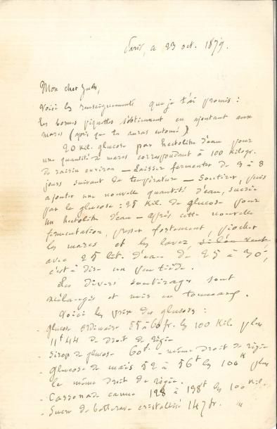 null Louis PASTEUR LAS, Paris 23 octobre 1879, à Jules Vercel à Arbois ; 3 pages...