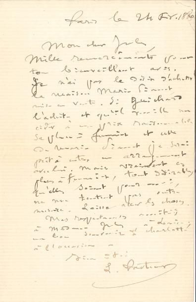 null Louis PASTEUR LAS, Paris 24 février 1880, à Jules Vercel à Arbois ; 1 page in-8,...