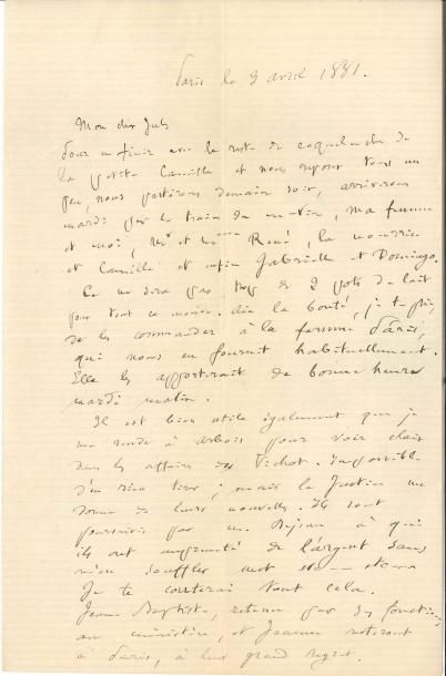 null Louis PASTEUR LAS, Paris 3 avril 1881, à Jules Vercel à Arbois ; 1 page ¾ in-8,...