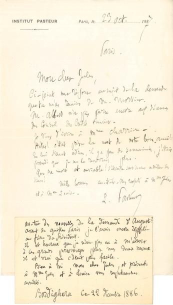 null Louis PASTEUR 2 LAS, 1886-1887, à Jules Vercel à Arbois ; 2 pages oblong in-16,...