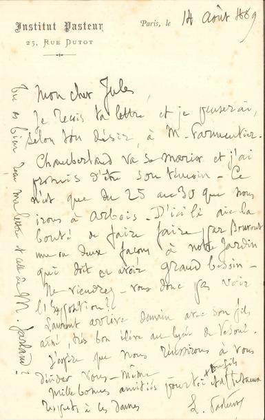 null Louis PASTEUR LAS, Paris 14 août 1889, à Jules Vercel à Arbois ; 1 page in-8...