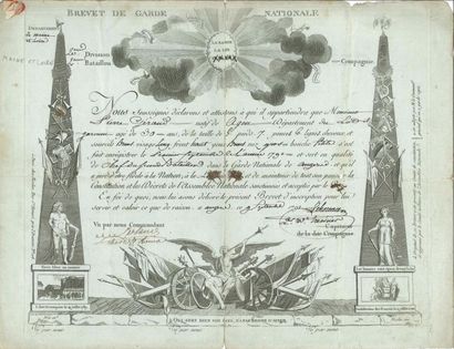 null Gardes nationales 17 brevets ou pièces, 1790-1795 ; sur papier ou vélin, avec...