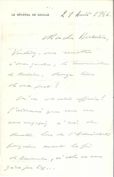 null Charles de GAULLE (1890-1970) LAS, 21 août 1946, à son cher Boissière ; 1 page...