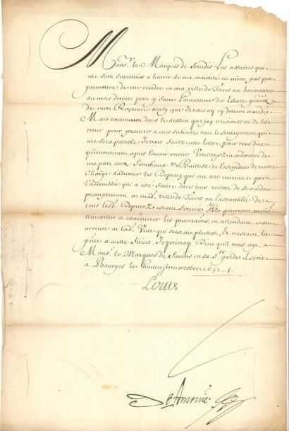 null LOUIS XIV (1638-1715) LS (secrétaire), Bourges 8 octobre 1652, au marquis de...