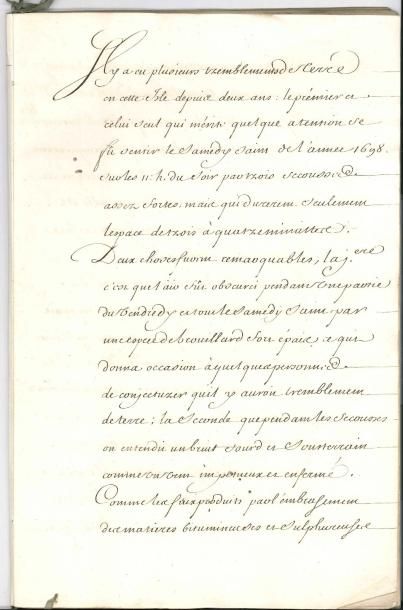 null MARTINIQUE Manuscrit d’un mémoire avec copie de la lettre d’envoi, 1698 ; 48...