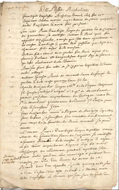null Maison de RICHELIEU Manuscrit, XVIIIe siècle ; cahier de 8 pages in-fol
 « Généalogie...